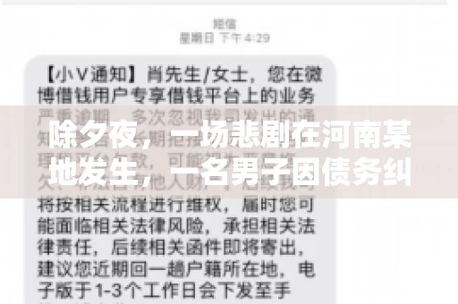 除夕夜,一场悲剧在河南某地发生,一名男子因债务纠纷,在除夕之夜持刀杀害6人。这一事件震惊了社会,也引发了人们对债务、法律和人性深层次的思考。今天,我们就来聊聊这个沉重的话题。 除夕夜,一场悲剧在河南某地发生,一名男子因债务纠纷,在除夕之夜持刀杀害6人。这一事件震惊了社会,也引发了人们对债务、法律和人性深层次的思考。今天,我们就来聊聊这个沉重的话题。